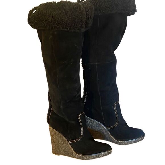 Steve Madden Carleyy black suede 3” wedge faux fur tall boot 8 - Picture 1 of 9